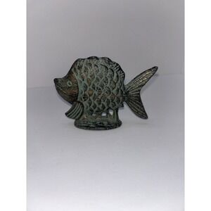 Vintage Solid Cast Iron Fish Figure Paperweight Green Gold Nautical Decor